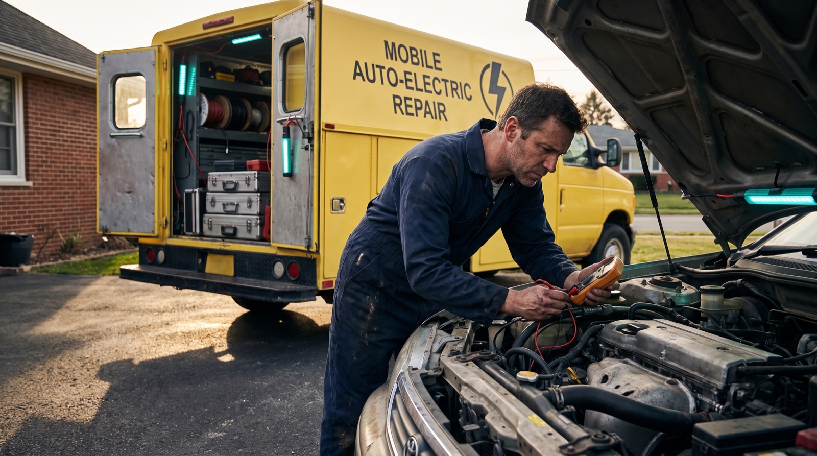 Roger testing a wiring harness beside the yellow Auto Electric & A-C service truck